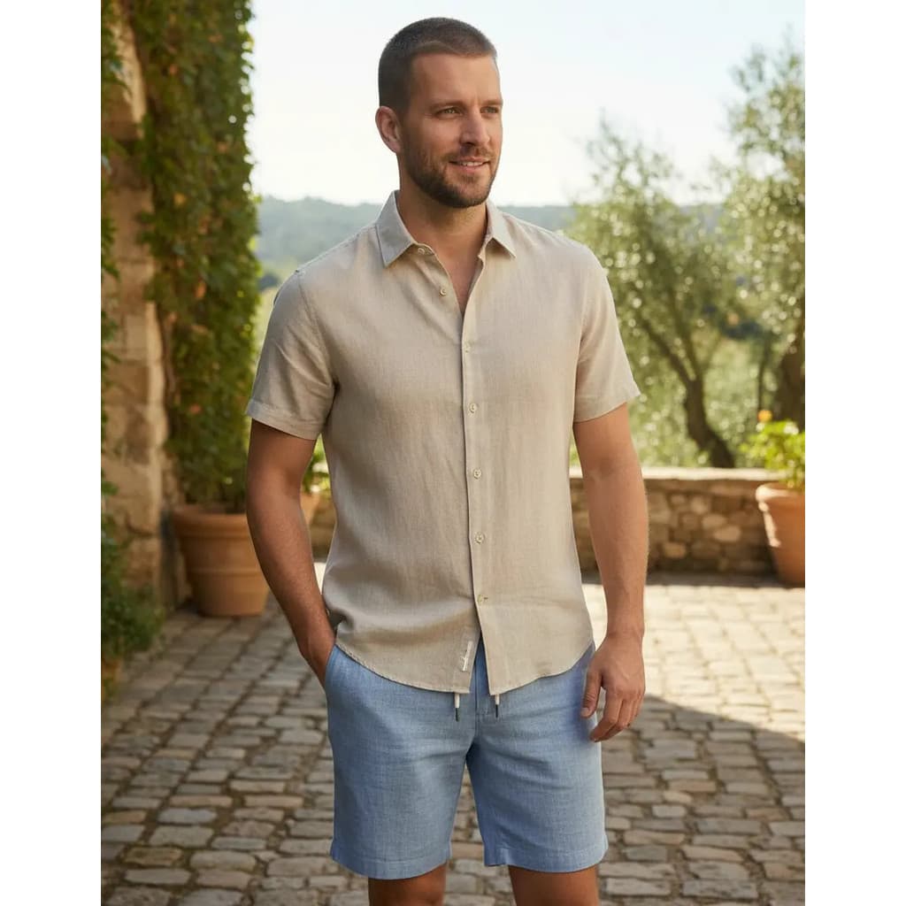 Conjunto Camisa Botão Viscolinho + Bermuda Linho Lisas