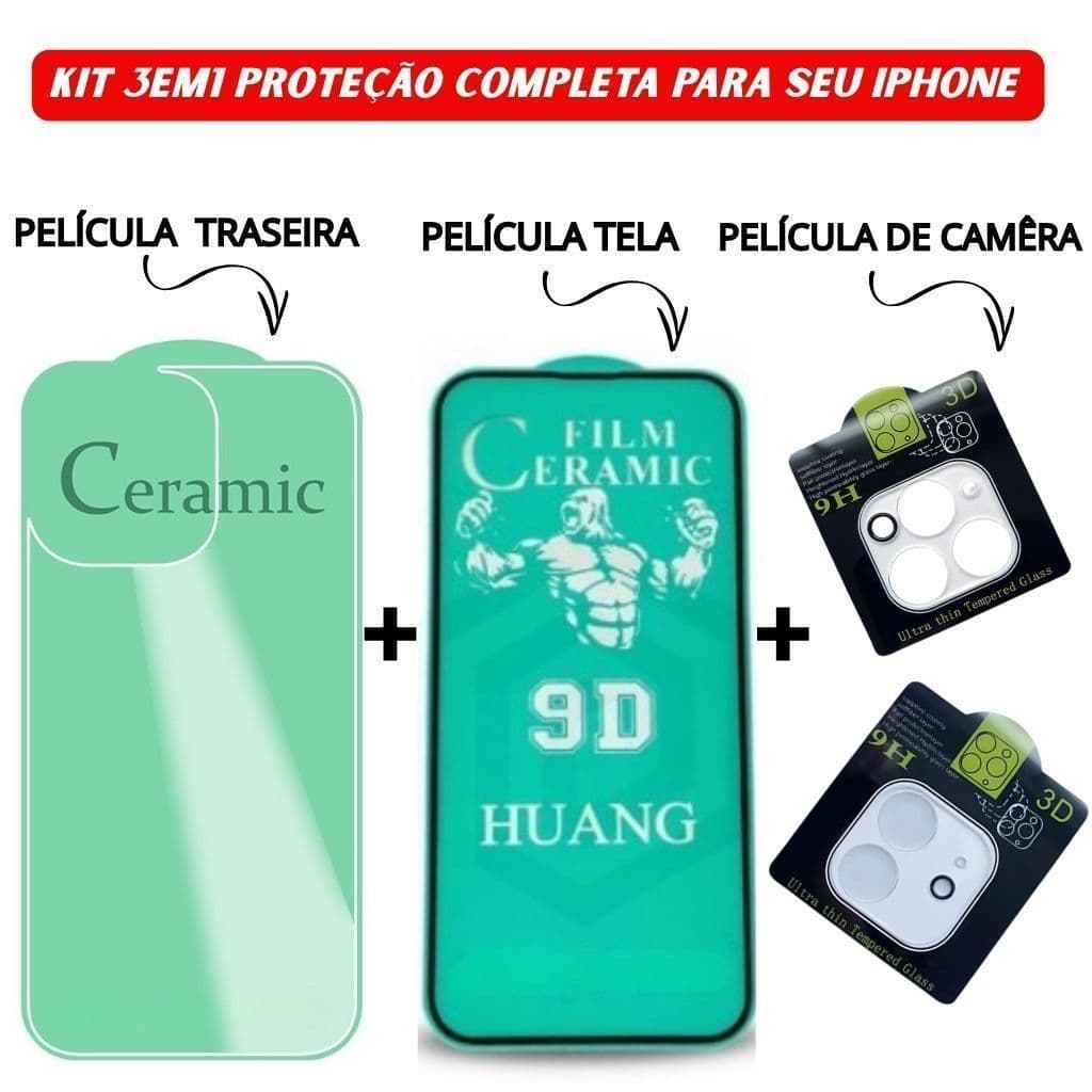 Película Traseira + Câmera Transparente + Película Cerâmica iPhone 11 12 13 14 15 16 Pro Max - Print