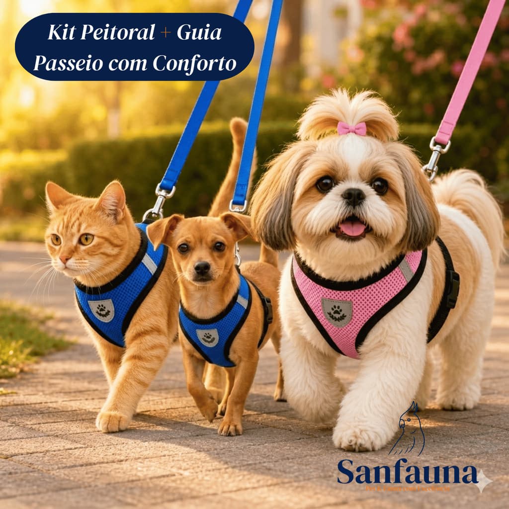 Kit Coleira Peitoral Com Guia Para Cachorro E Gato Passeio Pet Confortável Pequeno Médio Porte