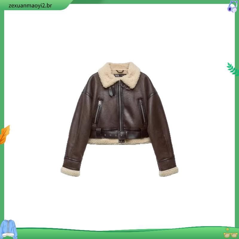 Outono Inverno Feminino Quente Solto Falso Pele De Cordeiro Casaco Curto Streetwear Retro Zíper Emendado Outwear
