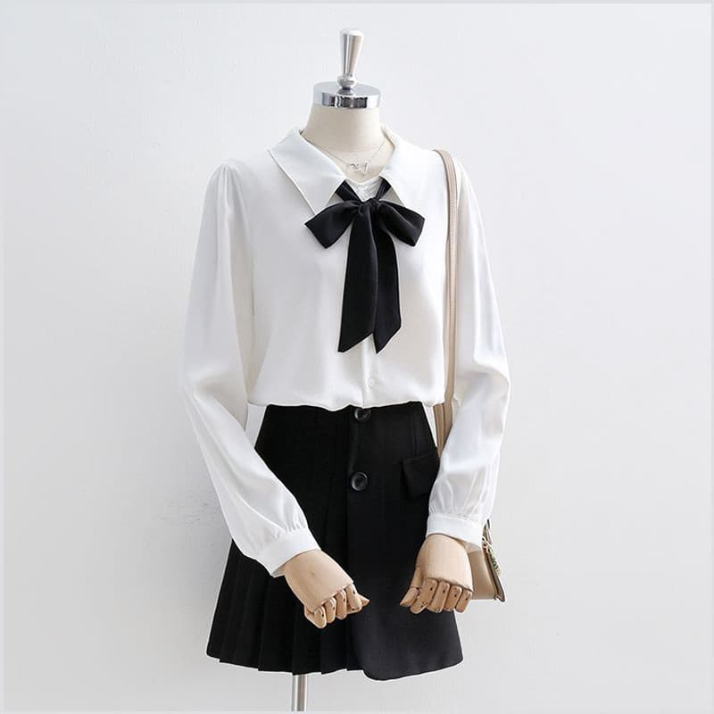 Francês arco pescoço branco Chiffon camisa feminina primavera outono novo estilo All-Match OL Puff manga Design nicho ca
