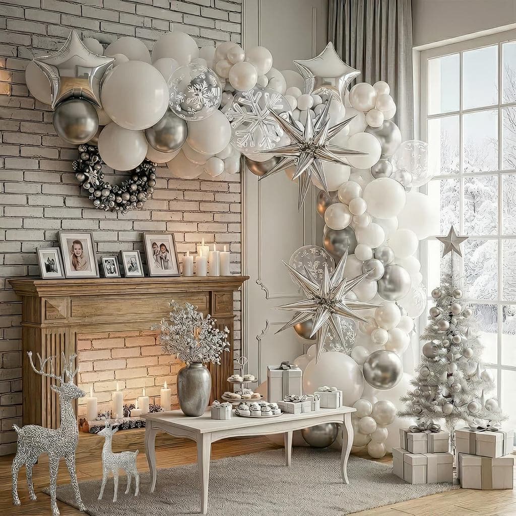 Pearl White Silver Balloon Arch Kit Winter Wonderland decorations with Foil Star printed balloons Artificial Snowflakes