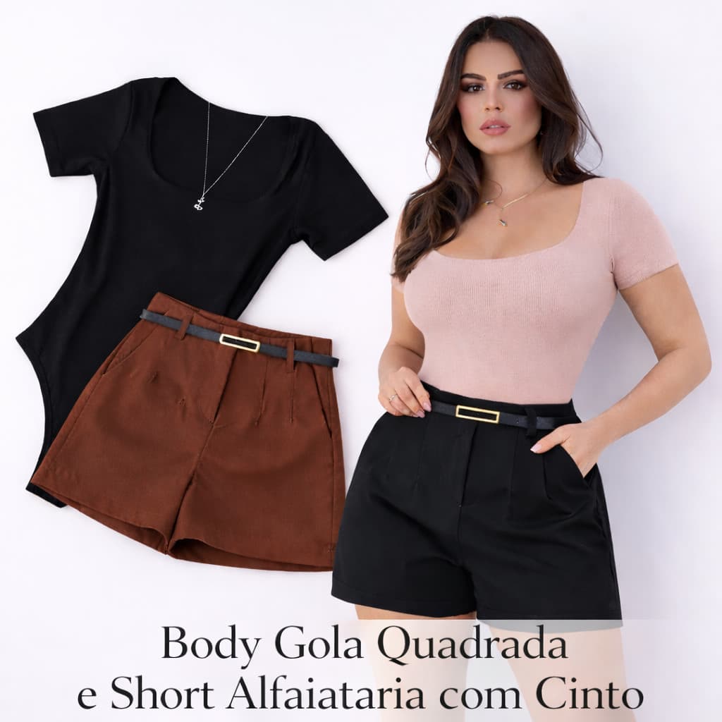 Conjunto Body Gola QUADRADA + Short Alfaiataria Com Cinto Moda Blogueira Tendência