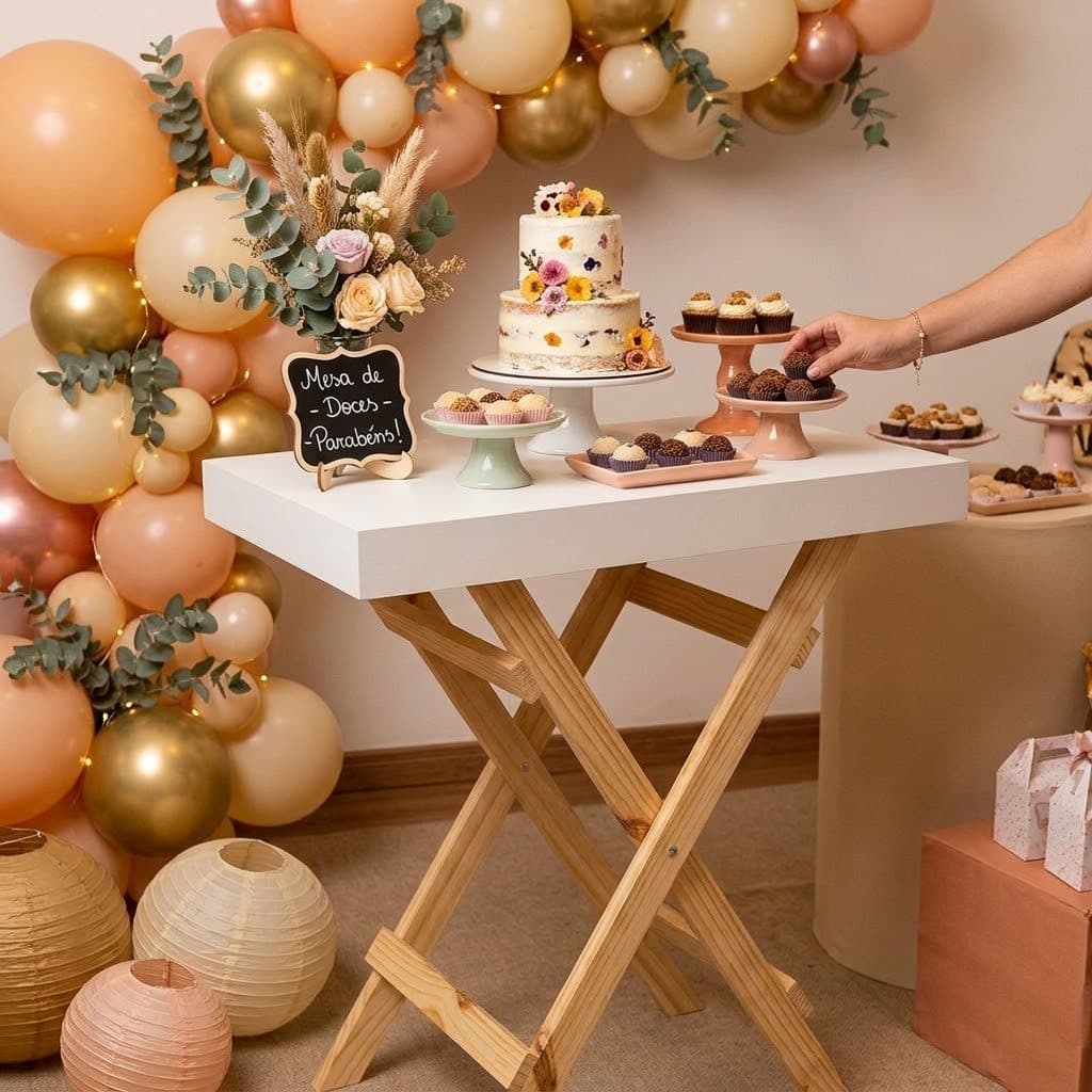 Mesa Cavalete Dobrável Pinus MDF Pegue e Monte Decoração Festa Sala Quarto Visual Minimalista 70cm