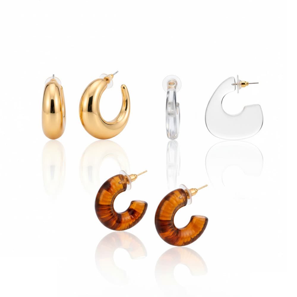 Par de Brincos Argola Tubo em Formato Meia-Lua Chunky Polido Feminino | Banhado Ouro 18K | Antialérgico | Semijoia