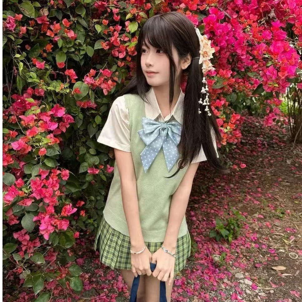 Estilo Preppy Xiaoqingmei/jk uniforme escolar sentimento jk saia xadrez estilo japonês verde maçã colete sem mangas tern