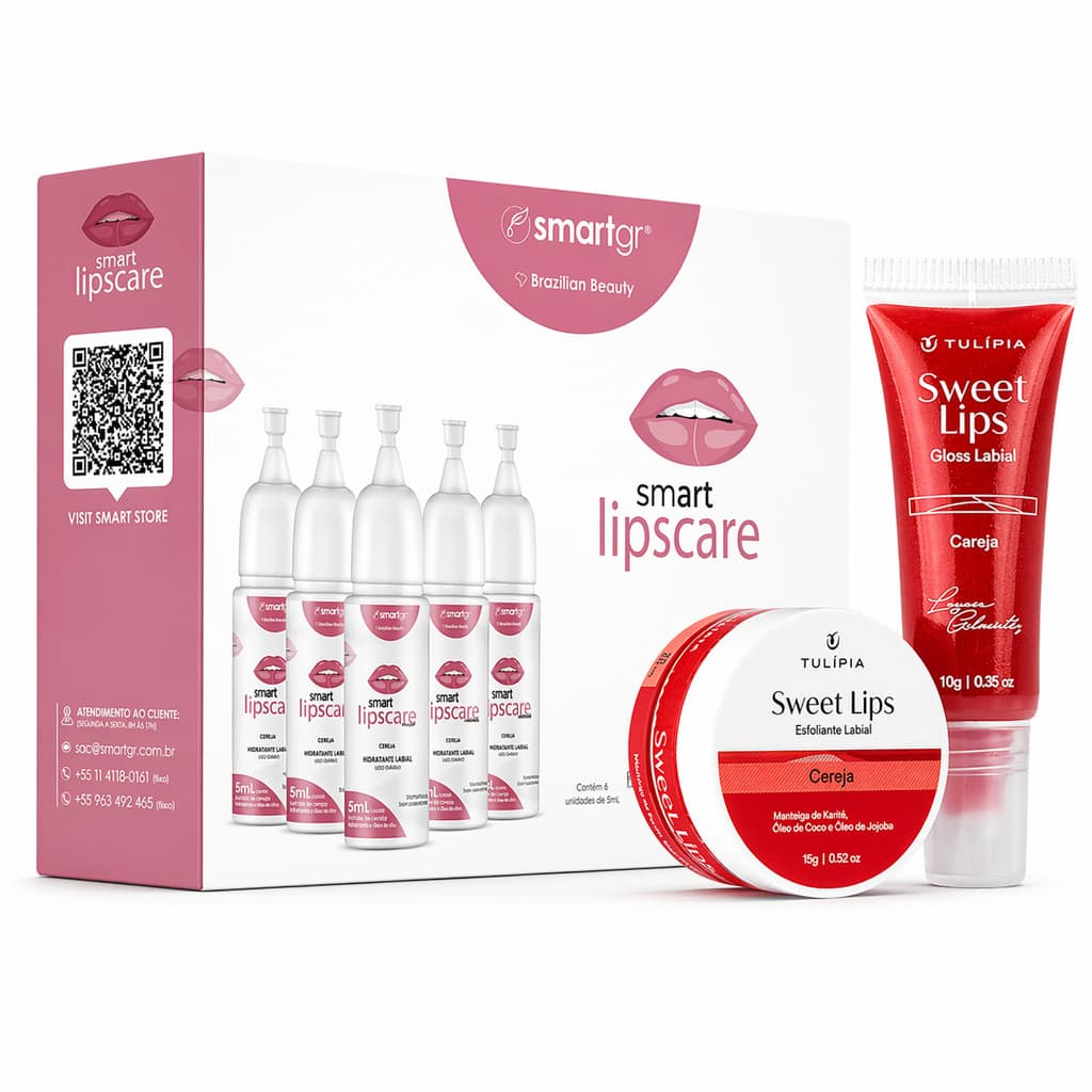 Kit Lábios Hidratados Esfoliante Gloss Cereja + Lips Care Volume Hidratação e Renovação Labial