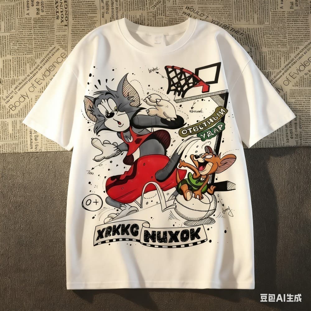 Camiseta com estampa dos desenhos animados Jerry e Talking Tom, gola redonda Infinity!