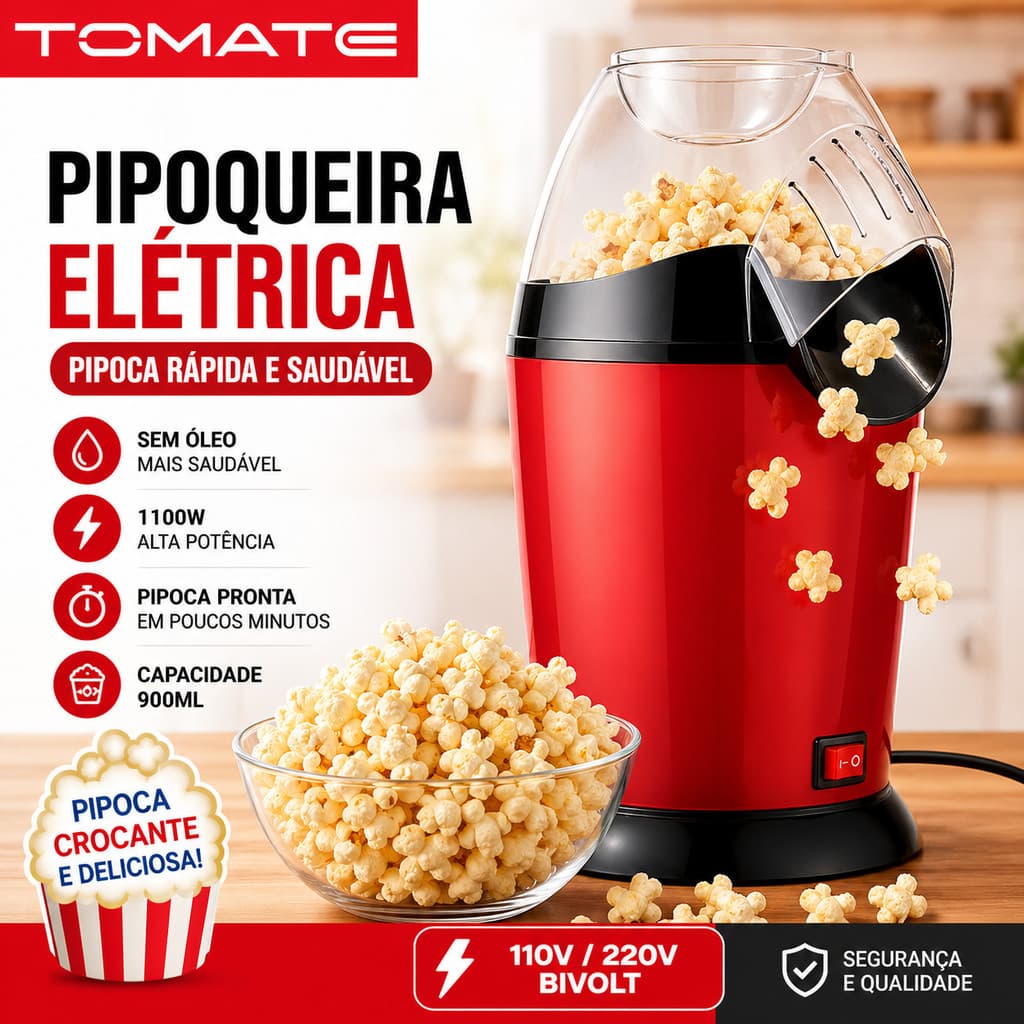 Pipoqueira Elétrica 110V 220V 1100W Máquina de Pipoca Sem Óleo Rápida Portátil 900ml Compacta