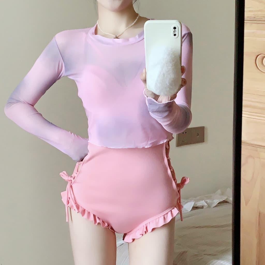 Maiô feminino de uma peça blusa de duas peças de manga comprida protetor solar conservador mais magro olhar capa barriga