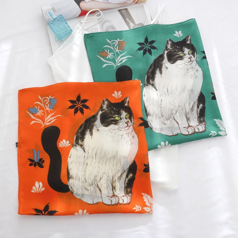 2024 primavera novo estilo obesidade gatinho bonito animal de estimação lenço de seda decoração feminina All-Match Casua