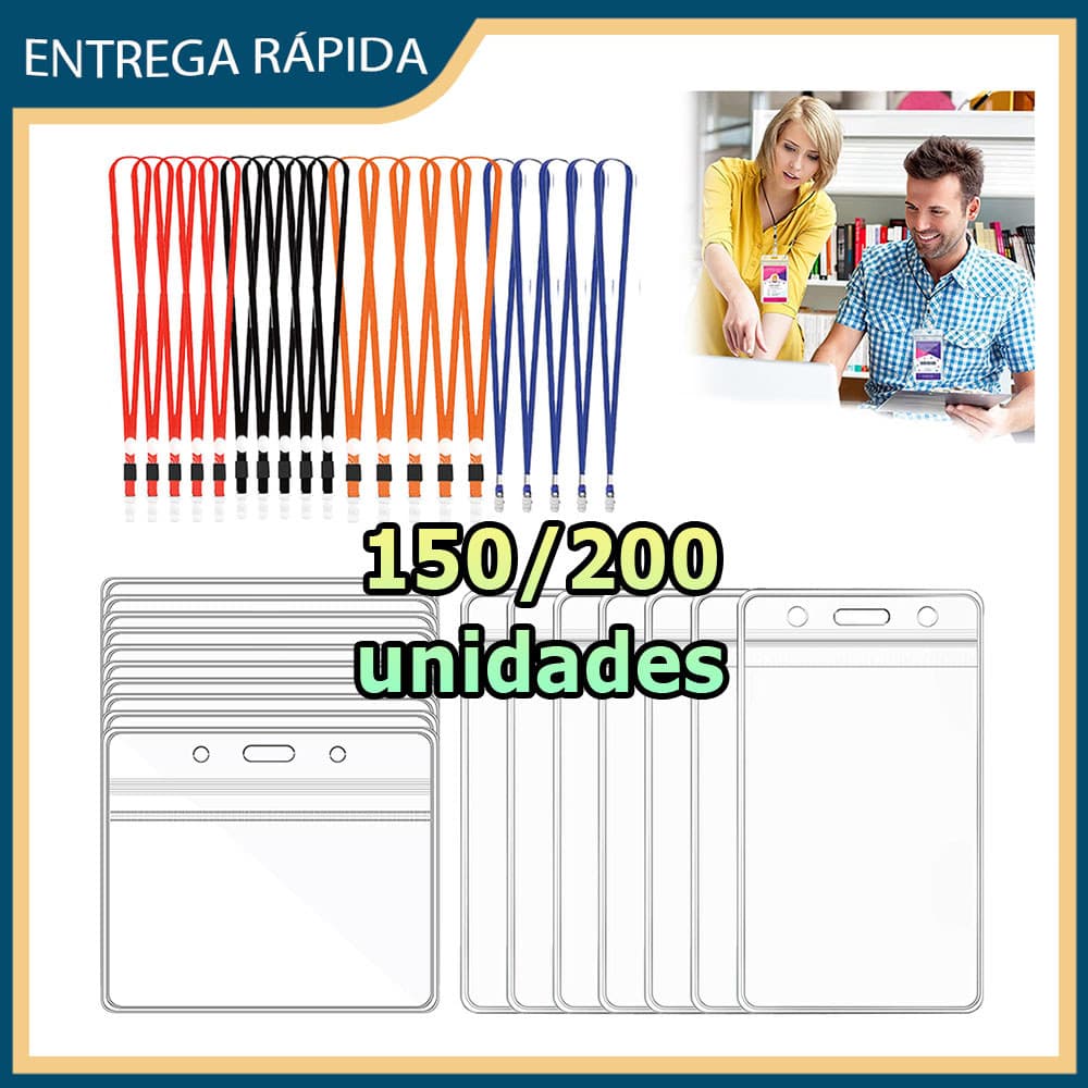 Kit 150/200 Crachás transparentes porta-cartões de identificação de plástico porta-crachás cordões com clipes
