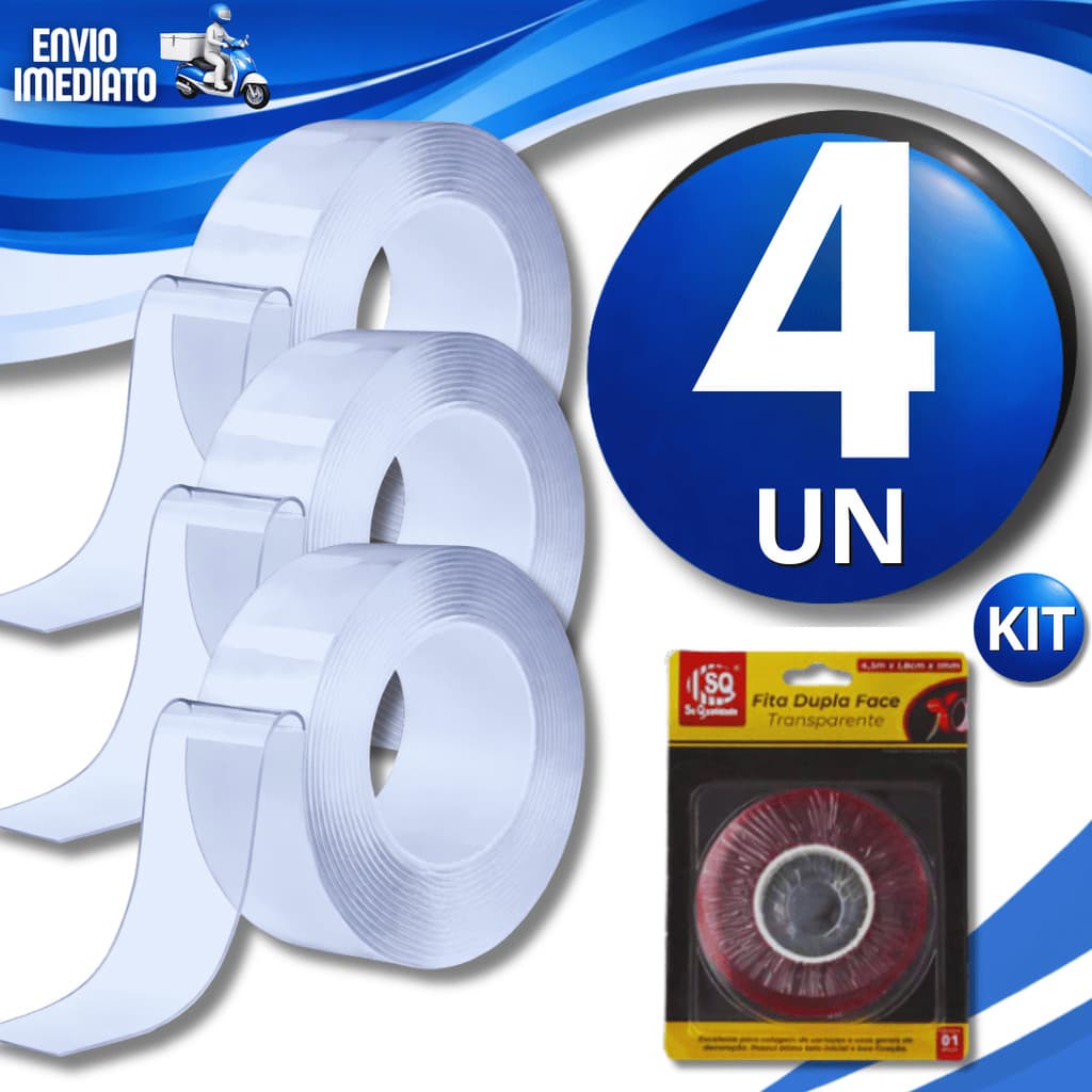 Combo Fita Dupla Face Extra Forte Transparente Mágica Adesiva Cola Parede Móvel Porta Multiuso