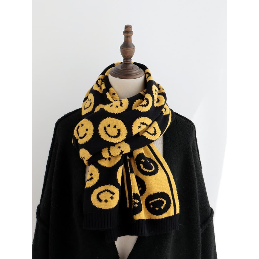 Estilo japonês divertido rosto sorridente Jacquard malha cachecol de lã versão coreana na moda lenço dupla Face unissex