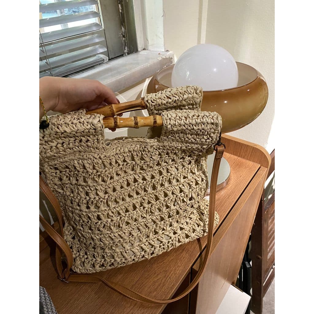 CHAWOOL Coreia ins Bolsa de tecido com alça de bambu, grande capacidade, simples, portátil, quadrada, ombro, bolsa de pa