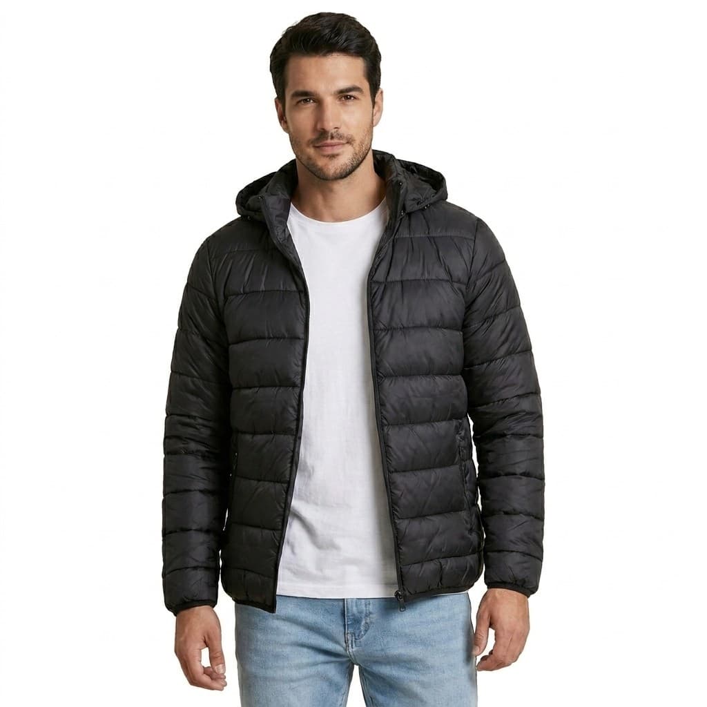 Jaqueta Masculina Nylon Puffer com Capuz Leve Acolchoado Inverno