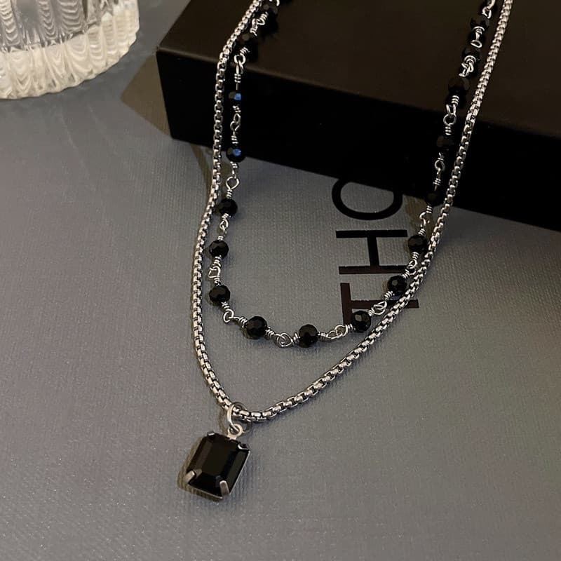 Colar Incrustado De Diamante Preto Corrente De Colarinho De Dupla Camada