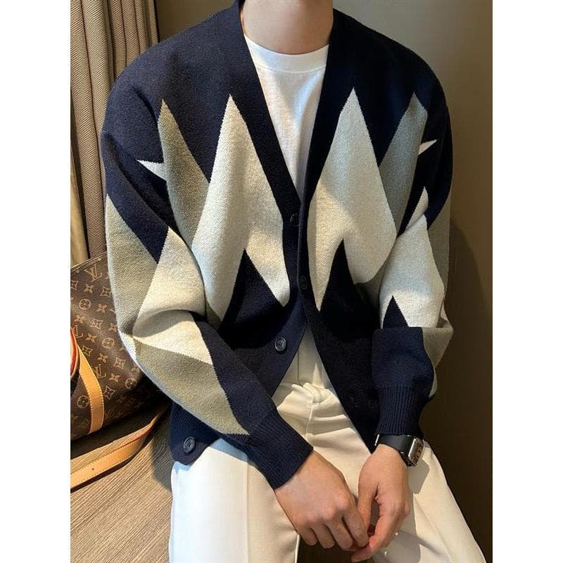 Outono inverno versão coreana luz madura juventude moda Cardigan malhas masculinas estilo Retro contraste cor diamante C