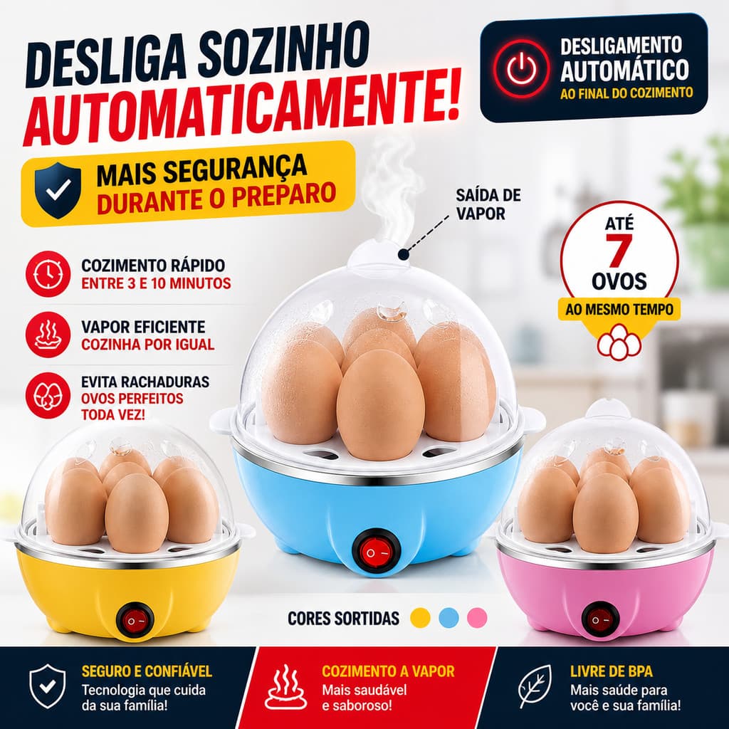 Cozedor de Ovos Elétrico 7 Ovos Egg Cooker 110V Multifuncional Desligamento Automático Cores Sortida