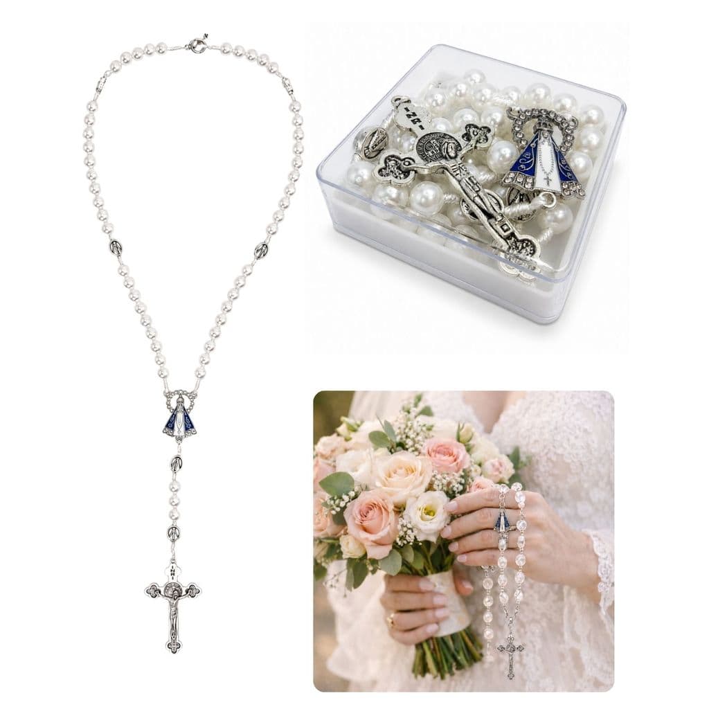 Terço Nossa Senhora Aparecida Pérola Branco Grande Prateado Rosário Noiva Casamento Católico