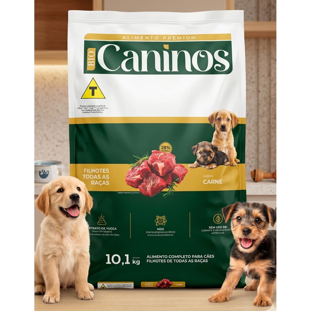 Ração Filhote Cachorro 10kg Bio Caninos Todas Raças Carne Nutrição Completa