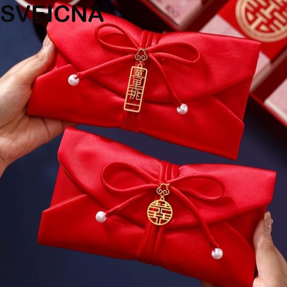 Envelope Vermelho De Brocado SVEICNA , De Dinheiro De Casamento Estilo Chinês Bronzeado , Saco Tradicional Da Sorte