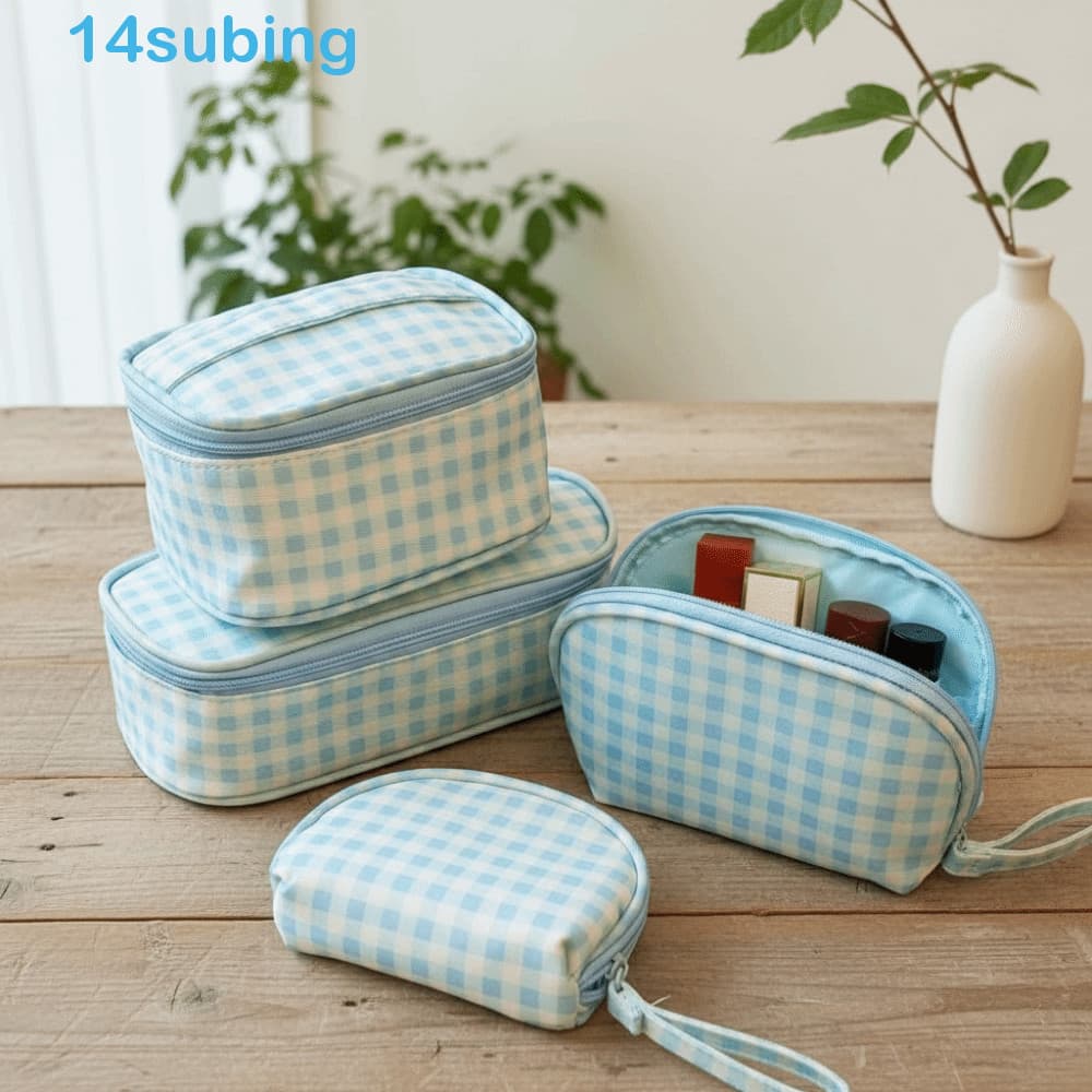 SUBING Bolsa De Maquiagem Xadrez Azul , Cosmética De Nylon De Tecido Oxford De Grande Capacidade Higiene À Prova D'água