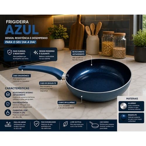 Frigideira Ceramica Antiaderente 26cm Azul Revestimento Duravel Cozinha Saudavel