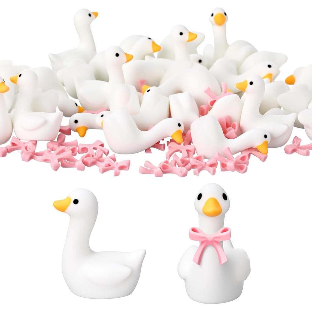 100 Peças de Mini Gansos de Resina, Pequenas Figuras de Gansos com Laços para Decoração de Mesa, Presente, Topo de Bolo,