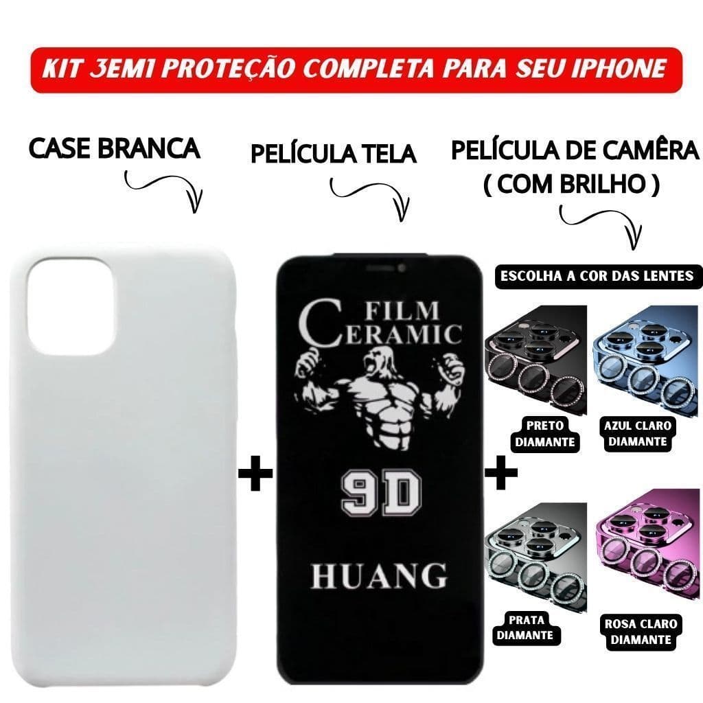 Kit 3em1 Case Branca + Película Cerâmica Privacidade + Película Câmera Diamante iPhone 11 ao 16 Pro Max - Avatar