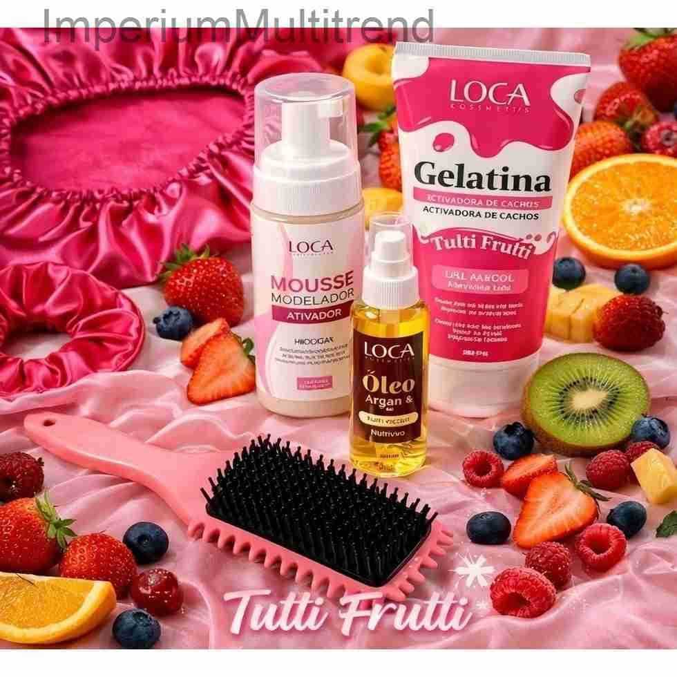 Kit Capilar Loca Cosmetics - Gelatina Tutti Frutti, Óleo de Argan, Mousse Rosa Mosqueta, Escova de Fitagem e XuxinhaB6YA