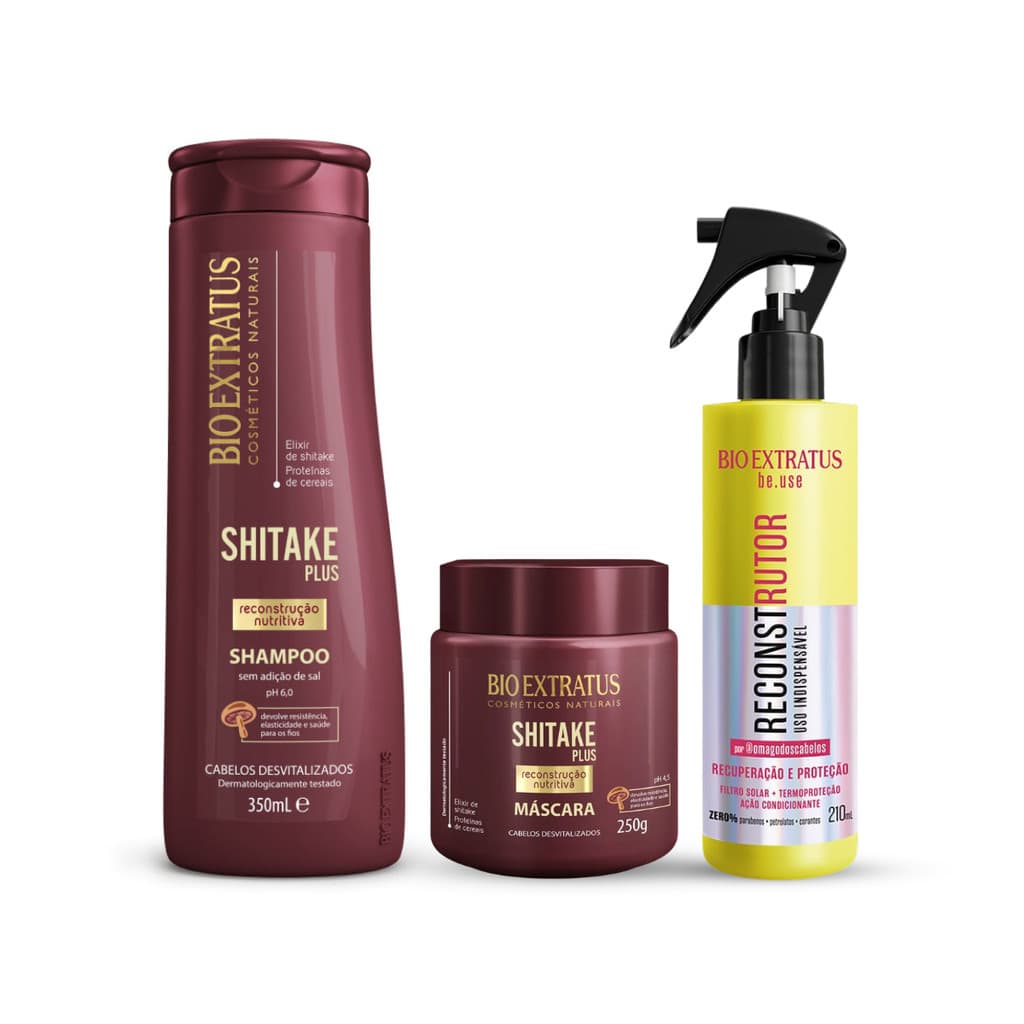 Kit Shampoo 350mL Máscara 250g Shitake + Reconstrutor Uso Indispensável be.use 210mL Bio Extratus