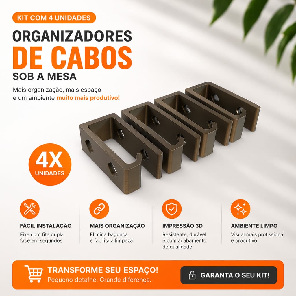 Kit 4 Unidades Organizador de Cabos Sob Mesa Suporte Fio Mesa Escrivaninha Porta Cabos