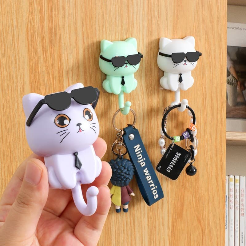 Gancho decorativo criativo em forma de gato, porta-chaves de desenho animado autoadesivo, adequado para dormitórios e ba
