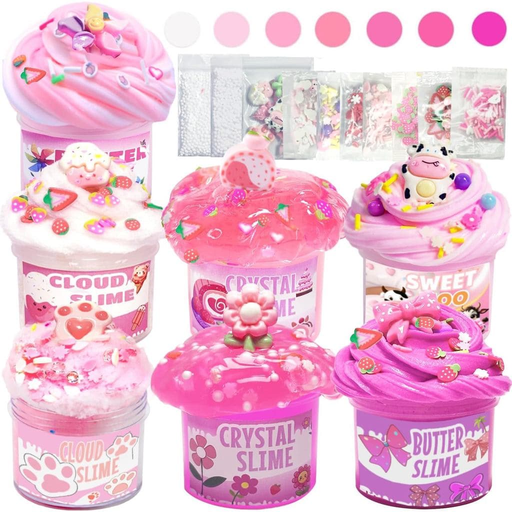 7 Pack Pink Slime Kits, Butter Slime,Cloud Slime kit for Girls Ages 8-12,Crunchy Kit,Non Sticky,Super Soft Sludge