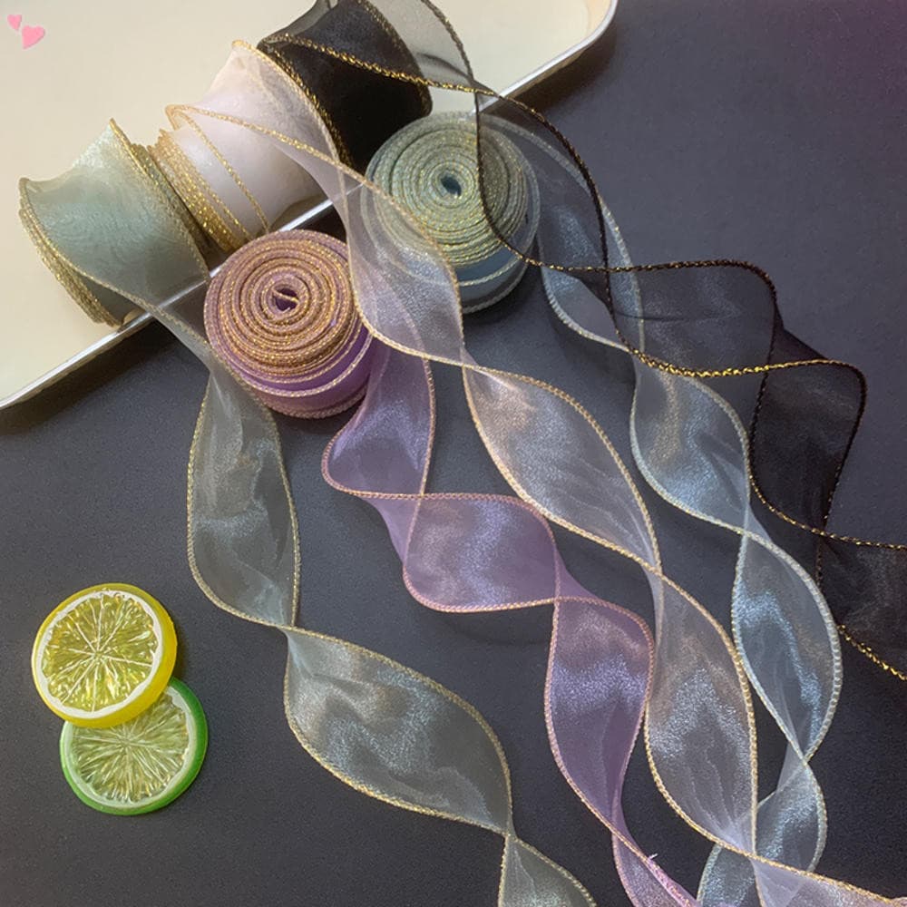 Fita De Organza Com Borda Dourada De 9 Jardas , 4cm/1.57 Polegadas , Translúcida , Transparente , Chiffon , Para Embrulh