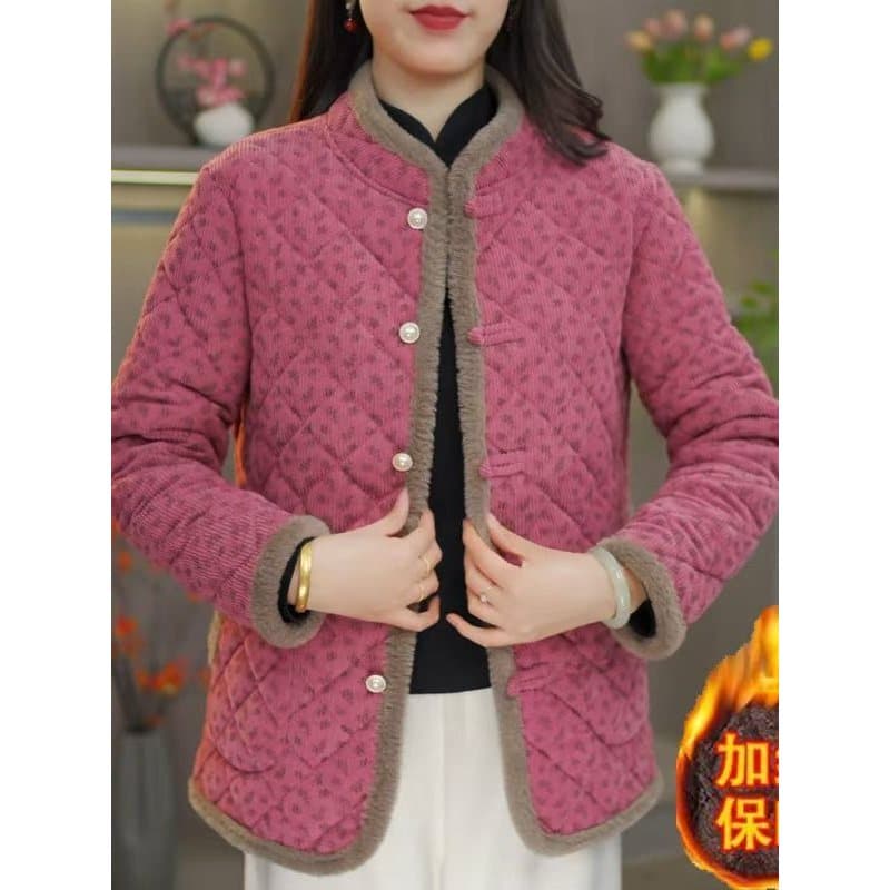 Estilo chinês gola alta forro de lã engrossado quente acolchoado jaqueta feminina solta estilo ocidental jaqueta acolcho