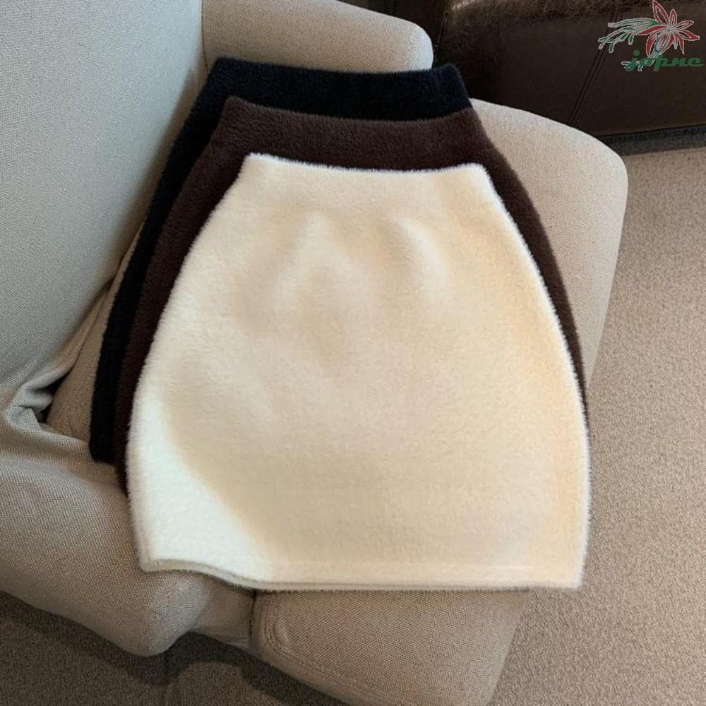 JOPNE Saia De Lã De Vison De Imitação , Mini Saias Curtas Retrô Estilo Menina Picante , Evasê De Cintura Alta De Pelúcia