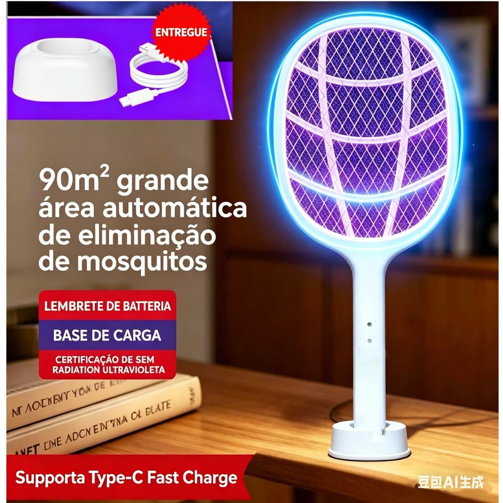 Raquete Elétrica Recarregável USB - Mata Mosquitos com Luz Roxa UV Automática