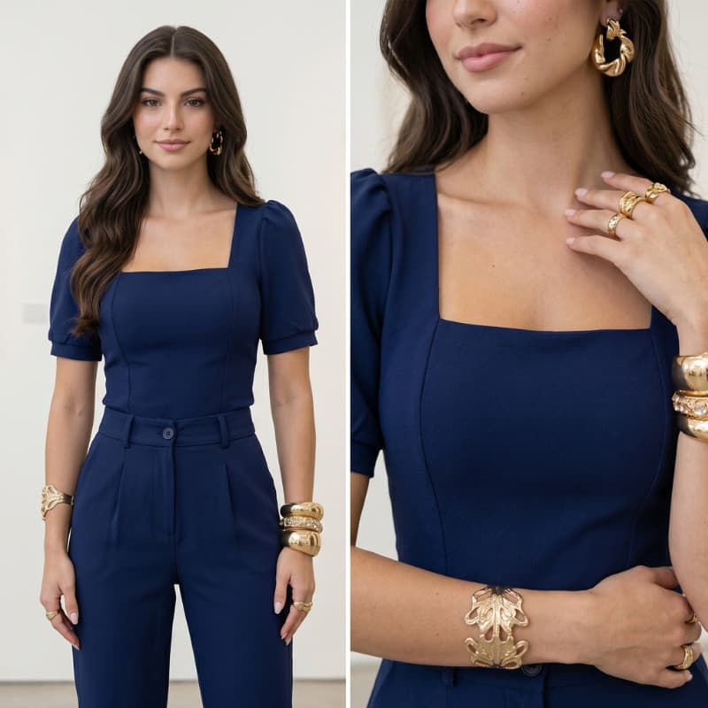 CONJUNTO FEMININO ALFAIATARIA CALÇA SKINNY CINTURA ALTA E BLUSA MANGA PRINCESA SOCIAL ELEGANTE