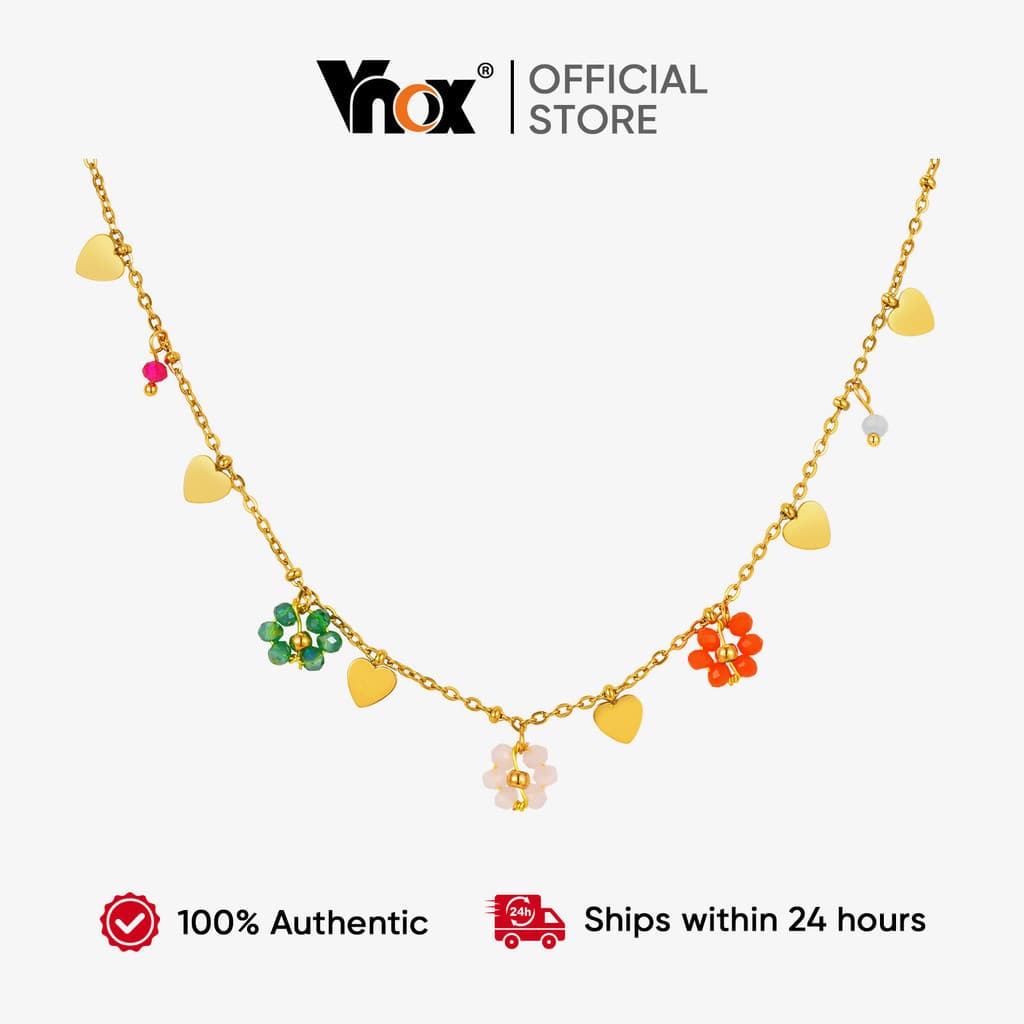 Colar de Coração com Flores Coloridas e Pérolas Vnox, em Ouro, à Prova d'Água, de Aço Inoxidável, Joia Exquisita Feita à