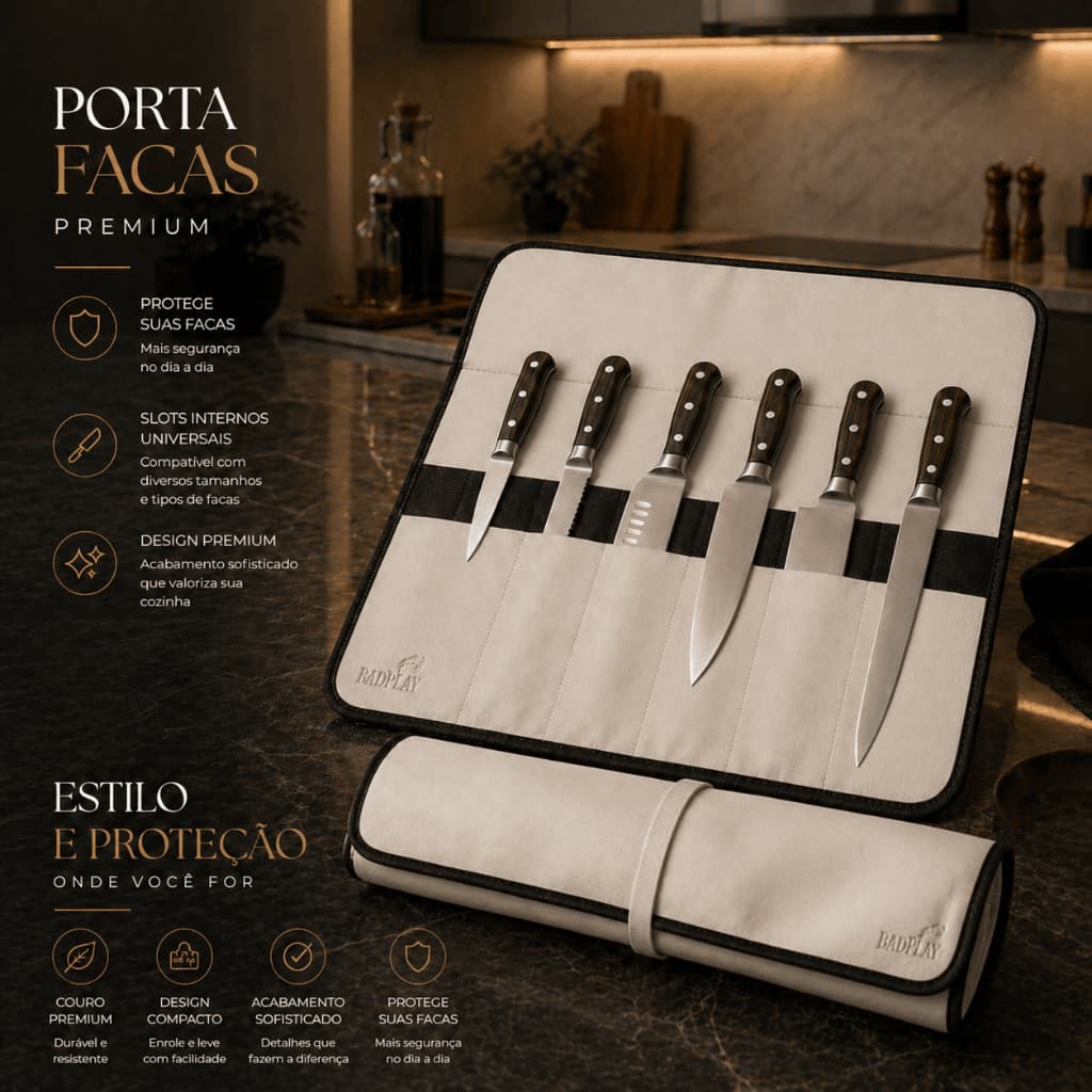 Case Porta Facas Premium 8 Bolso Couro Ecológico Churrasqueiro Organizador Luxo Resistente Elegante