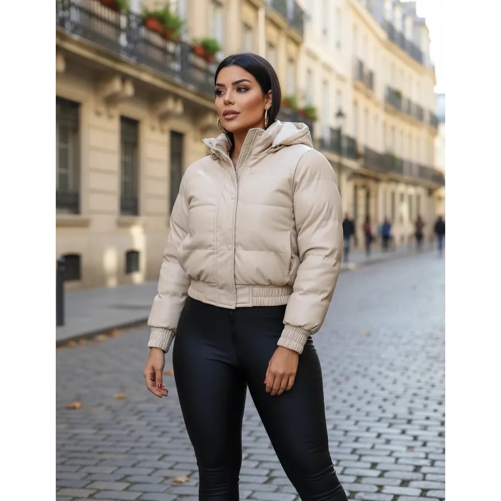 Jaqueta Puffer Feminina Couro Cropped Bobojaco Forrada Capuz Impermeavel Frio Térmica