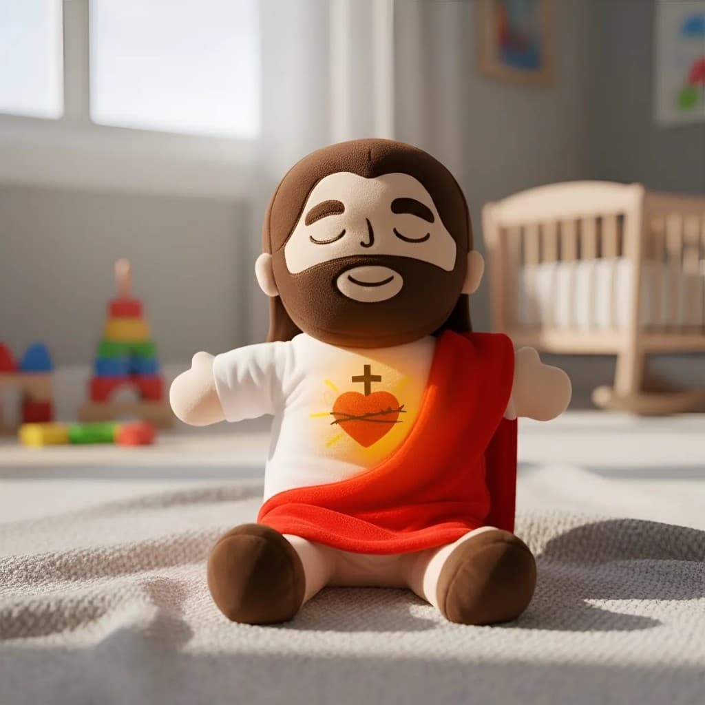 Pelúcia Jesus que Respira Luz e Som Acalma Relaxa Ansiedade Urso para Dormir Presente Criativo Cristo Vive