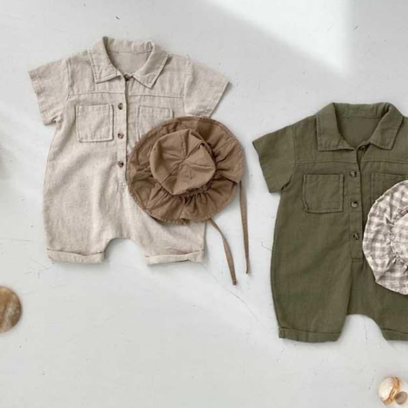 Ins macacão de bebê verão manga curta algodão linho Workwear estilo macacão pele-amigável 1 ano de idade bebê menino Out
