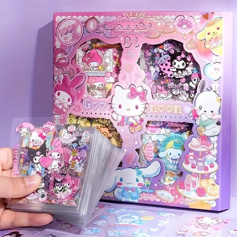 Hello Kitty Conjunto De Adesivos De 100 Peças Sem Repetição Cinnamoroll Kuromi Adesivo De Papelaria À Prova D'água Caixa