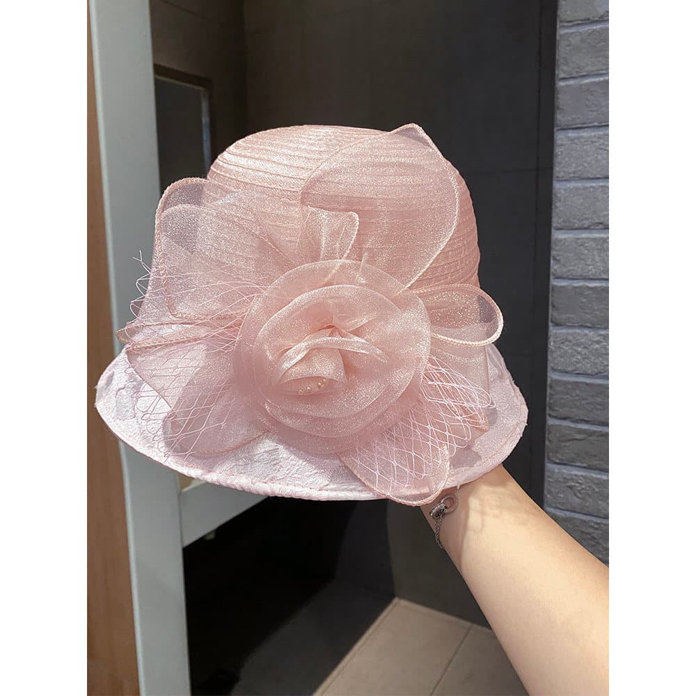 Chapéu feminino Organza flor balde chapéu verão francês britânico malha chapéu superior pequeno rosto chapéu de sol