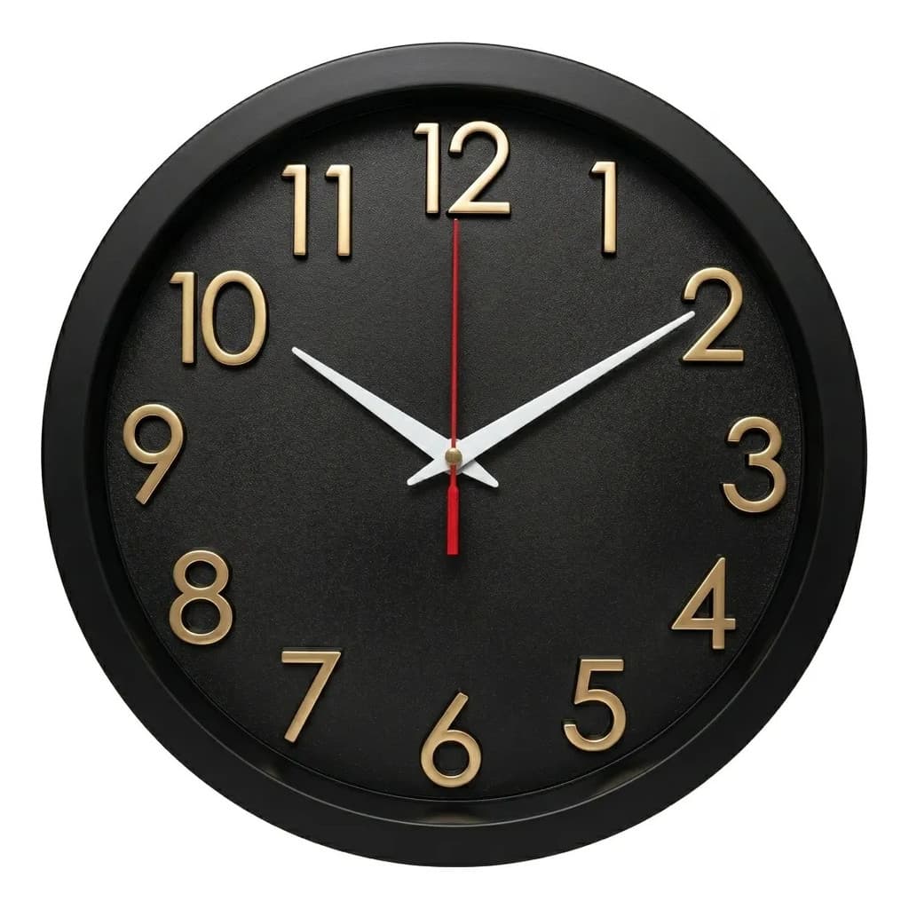 Relógio Parede Preto 24cm Silencioso S/ Tic-Tac Números Dourado 3D Moderno Decoração Sala Quarto