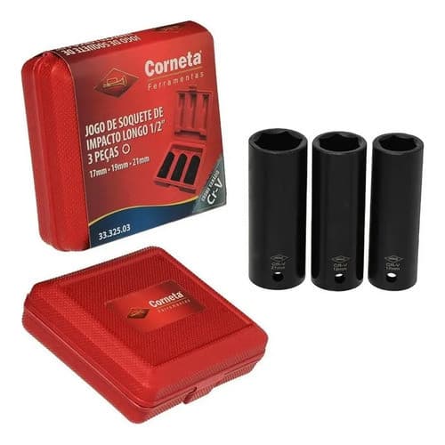 Jogo Soquete Impacto Longo 1/2 3 Peças Corneta 17mm 19mm 21mm Preto