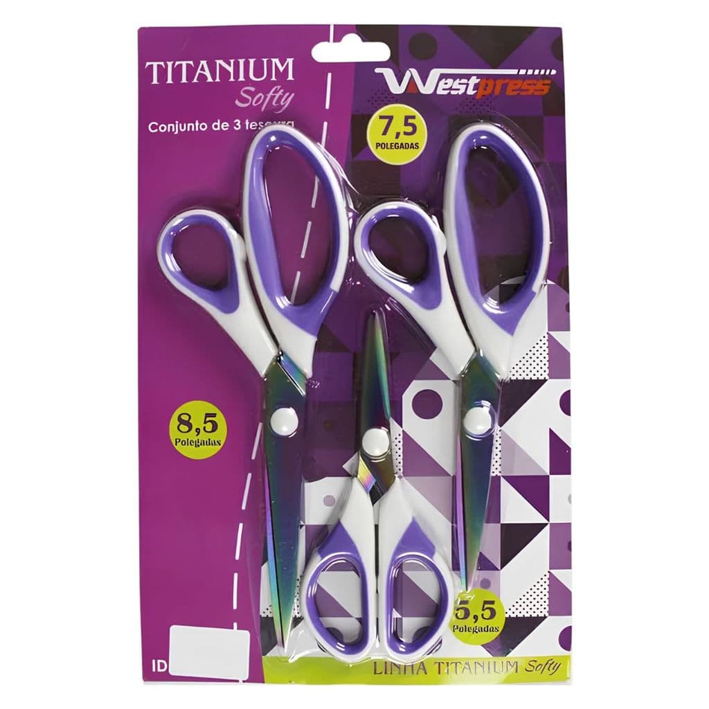 Kit 3 Tesoura Titanium Cabo Soft Multiuso  para Destro Canhoto Lãminas Reforçadas Precisas Westpress